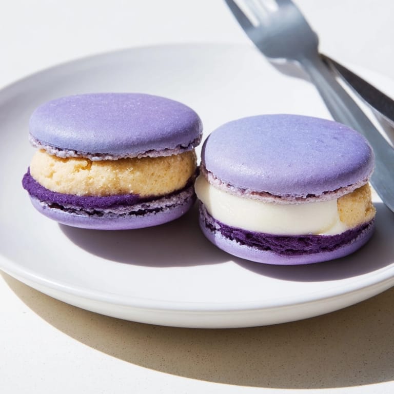 Homemade French Ube Macarons with rich purple yam buttercream, cooling before serving.