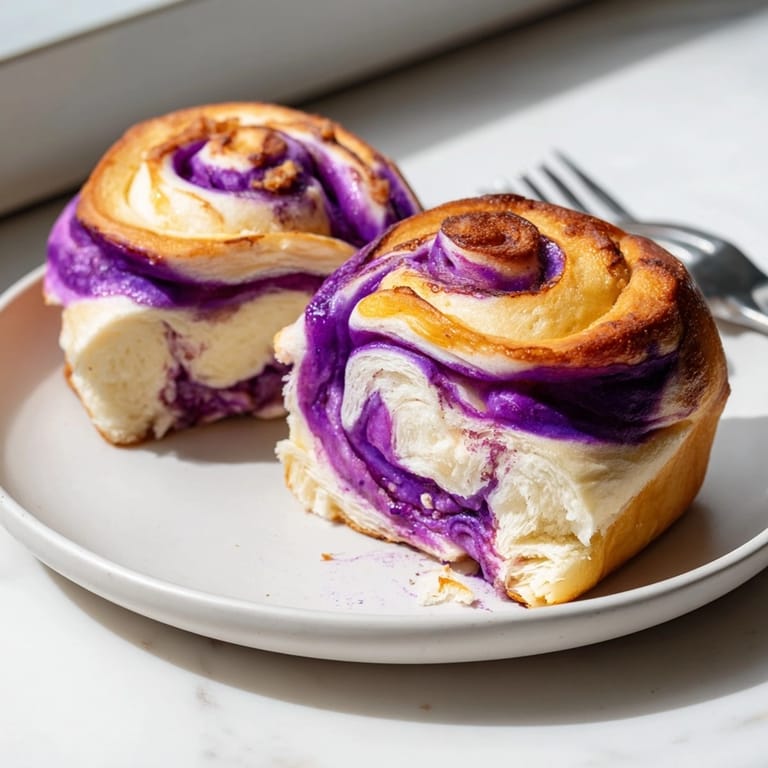 Swirls of ube filling layered inside soft, homemade Ube Brioche Rolls ready to serve.