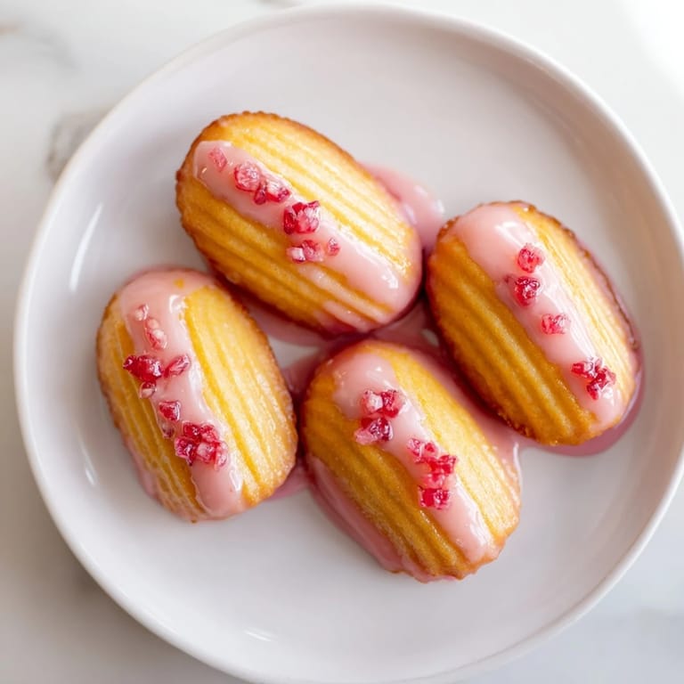 Golden French madeleines are elegantly drizzled with a rich cherry martini glaze.  