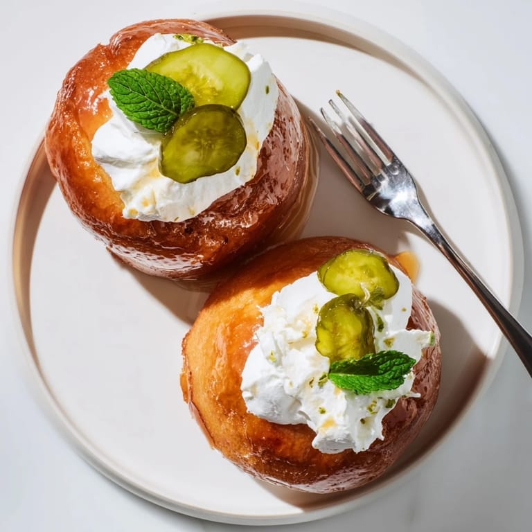 Deliciously unique Pickle Juice Baba au Rhum topped with whipped cream and pickles.  