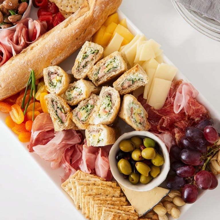 Savory éclairs filled with herbed cream cheese atop a stunning charcuterie board display.