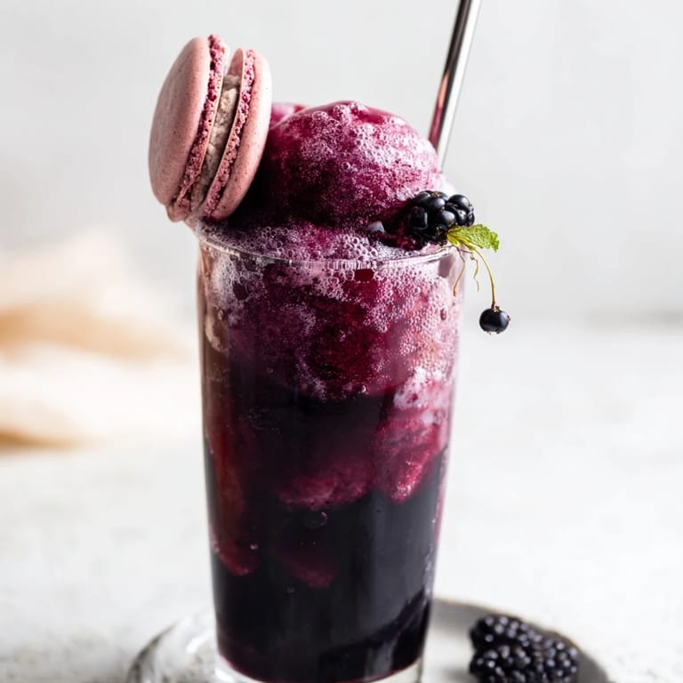 Macaron au cassis et sorbet noir s'élève dans un verre festif et rafraîchissant.