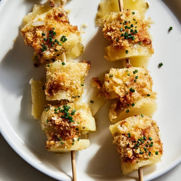 Brochettes appétissantes de gratin dauphinois, garnies de cornichons croquants et de ciboulette.