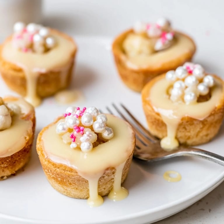 Délicieuses bouchées de tarte à la crème soda et amande, ornées de paillettes colorées.  