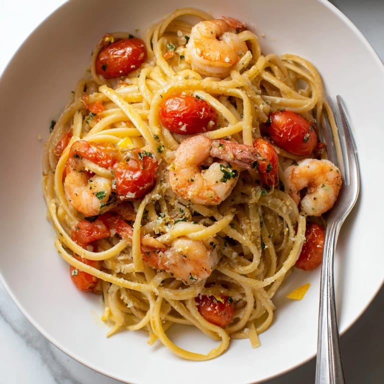 Pâtes à l'ail artisanales accompagnées de crevettes Provençales juteuses et tomates colorées.  