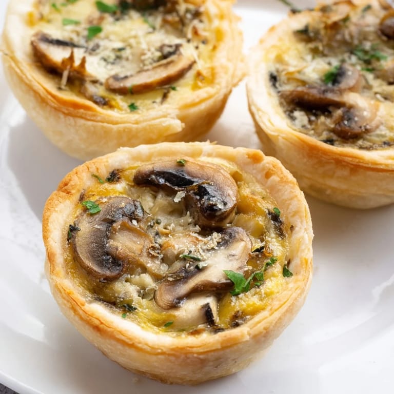 Savoureuses tartelettes garnies d'une custarde crémeuse aux champignons et fines herbes.  