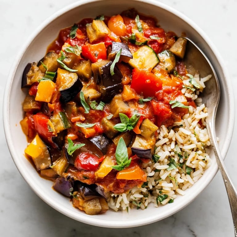 Bols de ratatouille rustique garnis d'une touche de basilic frais.  