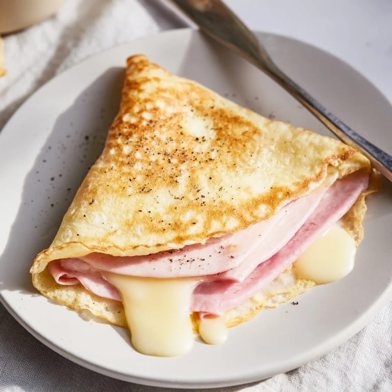 Savoureuses crêpes au jambon et fromage, servies chaudes avec un soupçon de poivre.