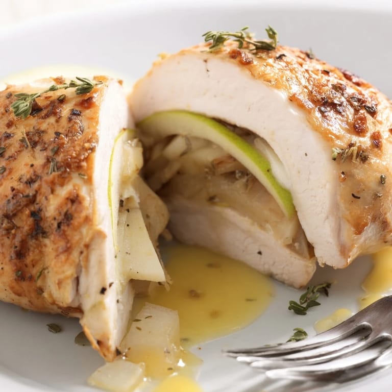 Délicieuses poitrines de poulet farcies au Brie et aux pommes, cuites à la perfection dorée.  