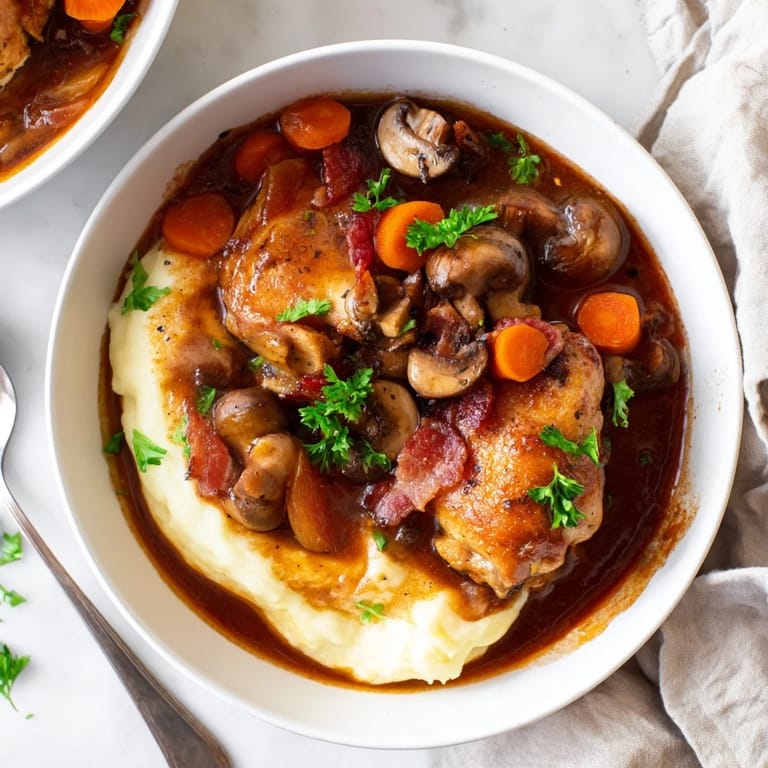 Bols de poulet style Coq au Vin sur lit de pommes de terre crémeuses.  