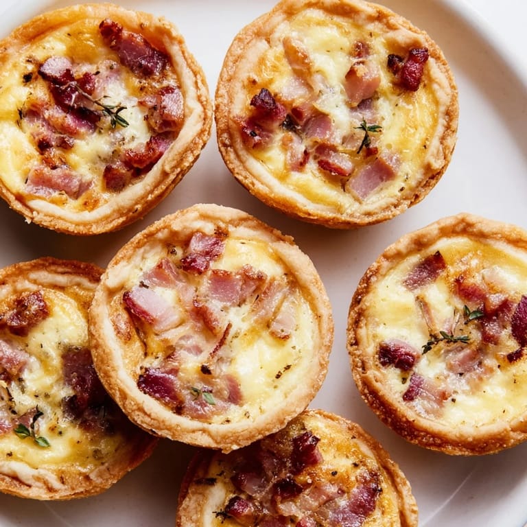 Bouchées de mini quiches Lorraine légèrement croustillantes, parfaites pour toute occasion festive.
