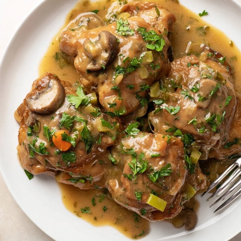 Savoureux poulet en sauce à la bière, servi avec du pain frais et des légumes.