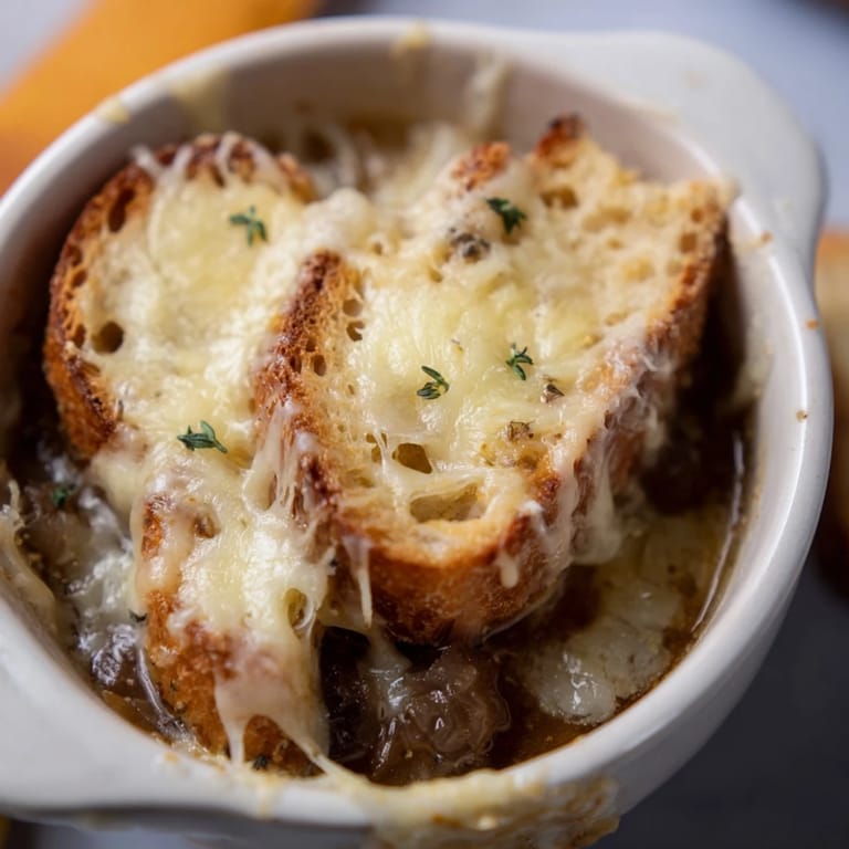 Délicieuse soupe à l'oignon française riche, servie avec fromage fondant et pain grillé.
