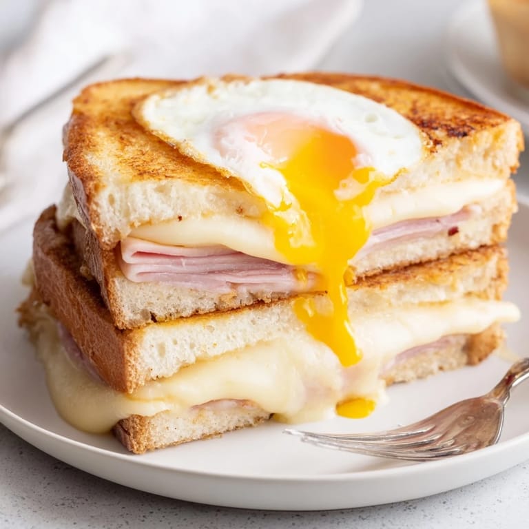 Image délicieuse d'un Croque Madame sandwich, nóngé sous un œuf au jaune coulant.