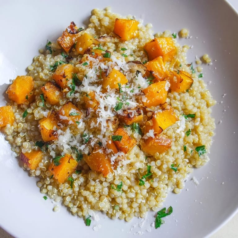 A close-up of the delicious quinoa risotto with a vibrant mix of butternut squash and leeks.