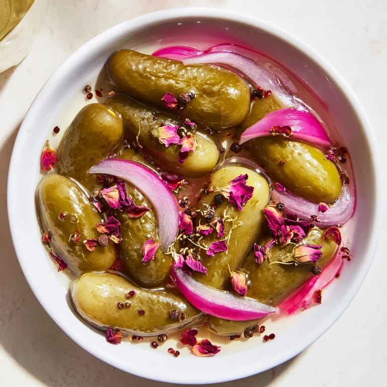A close-up of vibrant Cornichons Marinés Décalés bright with rose petals, ready to eat.