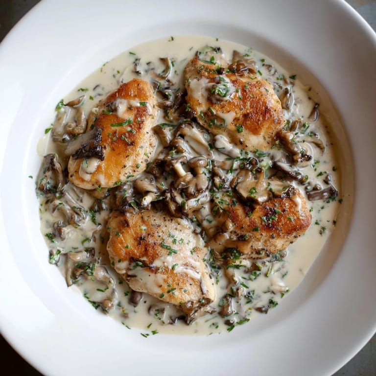 Tender Poulet à la Crème, showcasing golden chicken in a pan with mushrooms and fresh herbs.