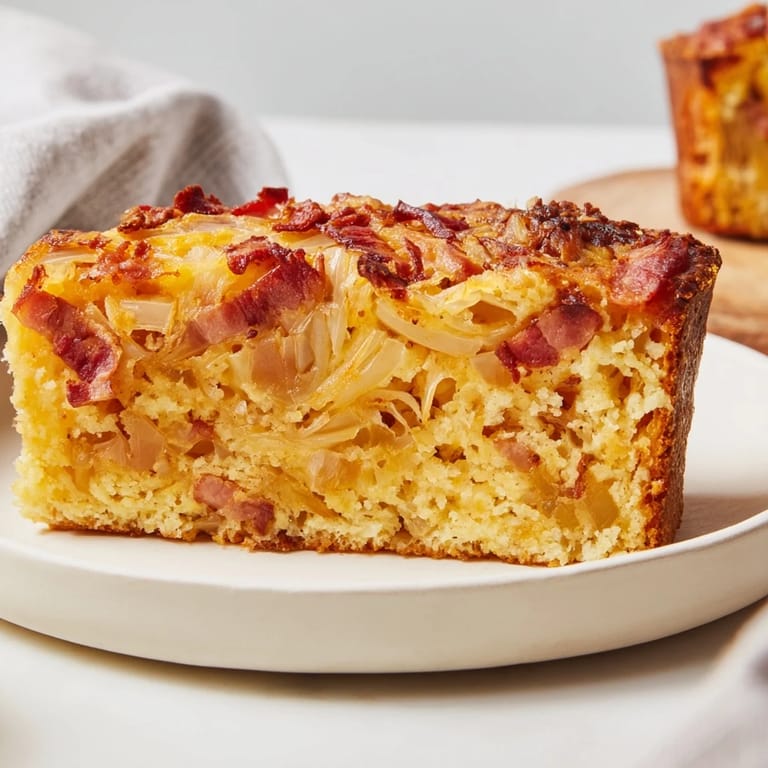 A close-up of a warm Caramelized Onion and Crispy Bacon Savory Cake slice, moist and flavorful.