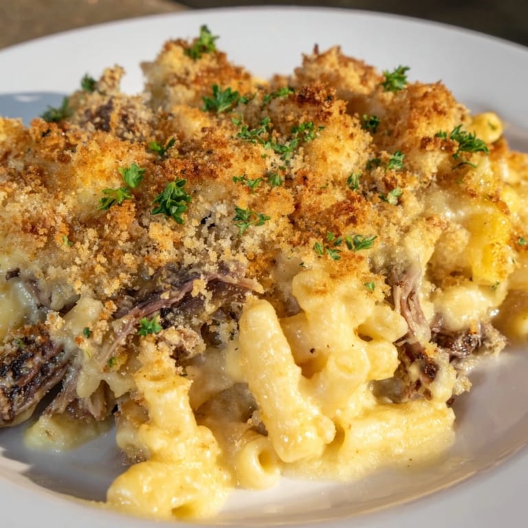 A close-up shot of creamy Duck Confit and Crispy Emmental Macaroni Gratin, featuring melted cheese crust.