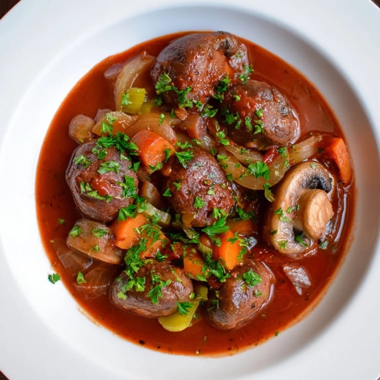 A steaming bowl of Mushroom Bourguignon, featuring savory mushrooms in a flavorful umami-miso sauce.