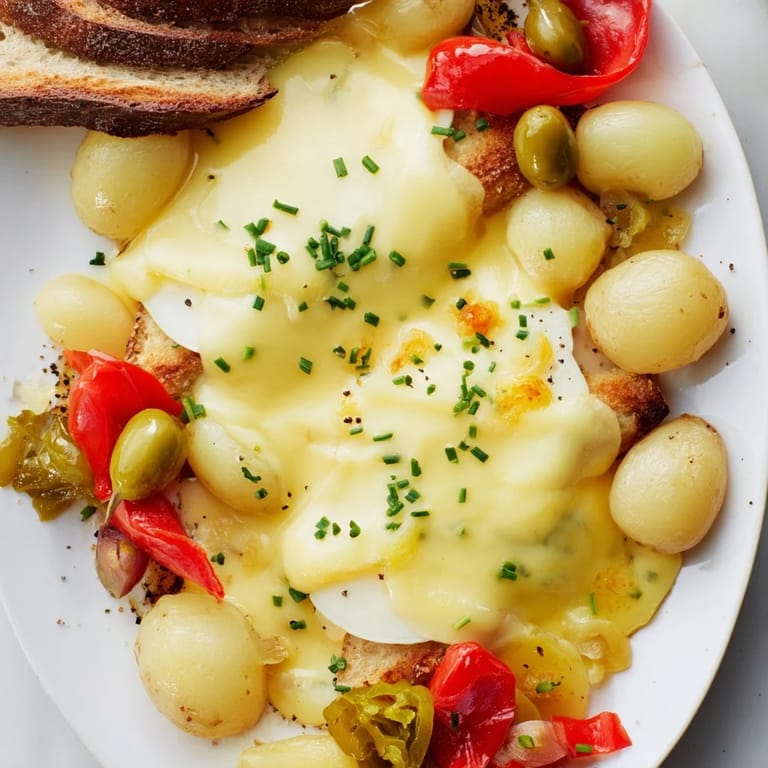 Savory raclette cheese being melted, served with colorful pickles and charcuterie on a rustic board.