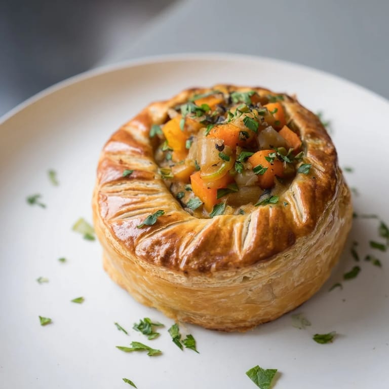 Imagine the aroma: a flaky Winter Vegetable Pithiviers, richly filled, ready to serve as a festive dish.