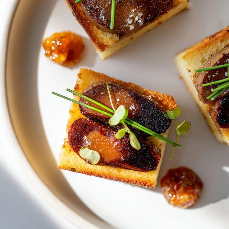 Rich, seared foie gras on soft milk bread, garnished and ready, an elegant appetizer beautifully presented.
