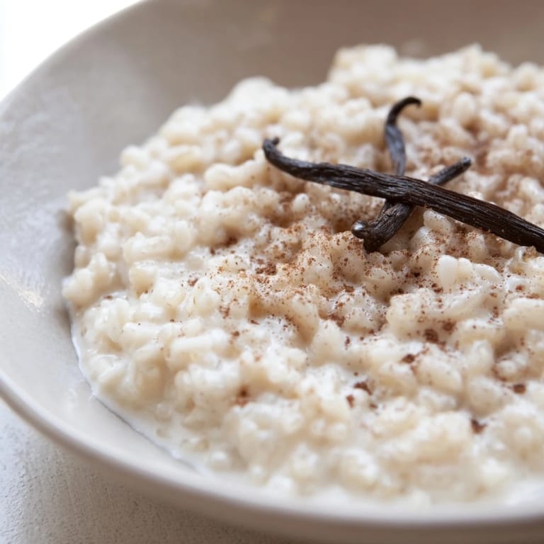 A close-up of the vanilla & cinnamon rice pudding, showing the creamy texture and inviting aroma.