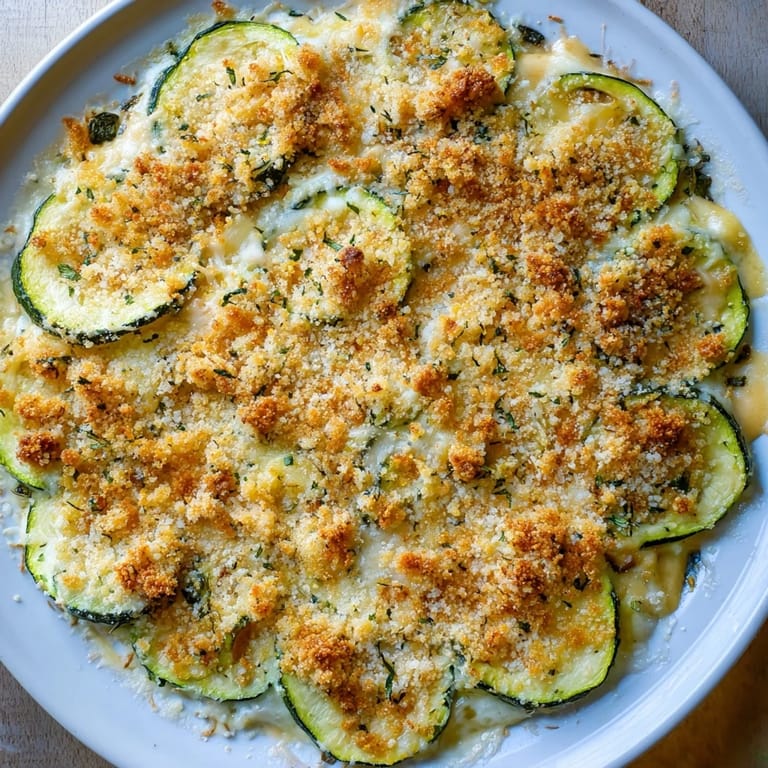 Savory zucchini and cheese gratin, topped with melted cheese, promising a comforting bite.