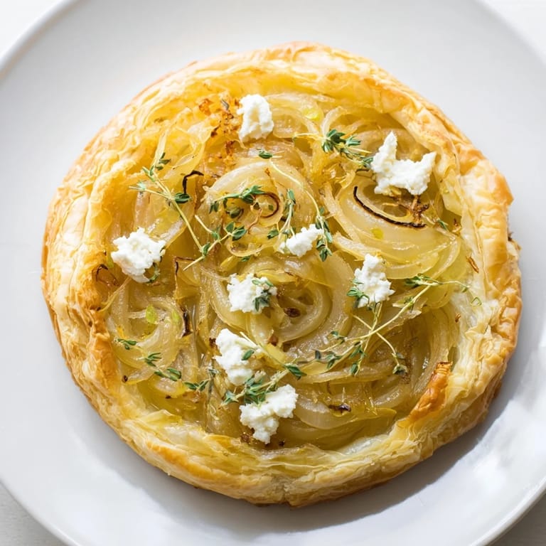 This savory Caramelized Onion & Thyme Tart shows off glistening onions, a perfect appetizer for sharing.