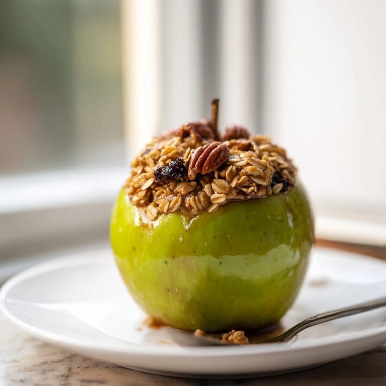 A close-up of baked apples with oats and honey, brimming with a spiced oat filling.
