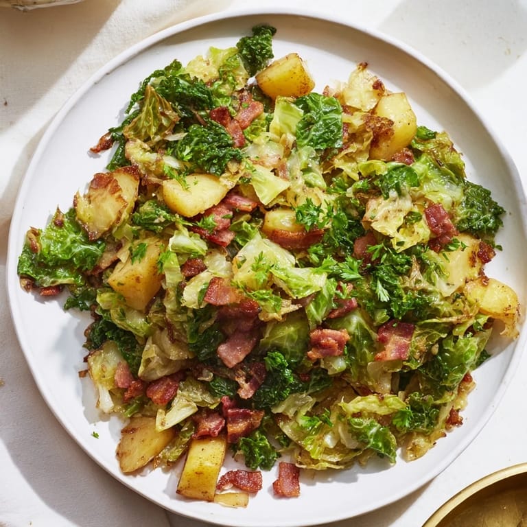 Close-up of a skillet with Sautéed Savoy Cabbage displaying tender cabbage and savory bacon for dinner.