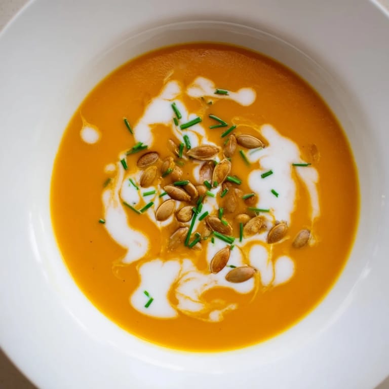 Velvety orange Velouté de Potimarron, inviting you in with its delicious aroma and creamy texture.