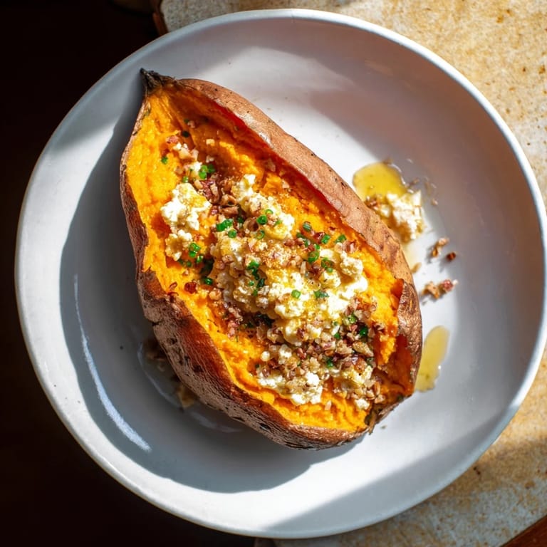 A close-up of a Baked Sweet Potato stuffed with creamy chèvre, drizzled with sweet honey.