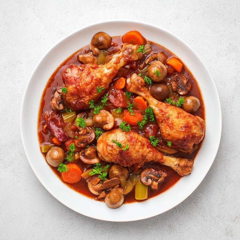 Juicy Budget Coq au Vin Style Chicken Drumsticks, served with aromatic vegetables and a rustic sauce.