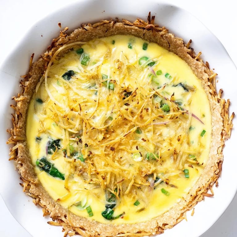 This image shows a freshly baked 30-Minute Creamy Potato-Crust Quiche with a creamy custard filling.