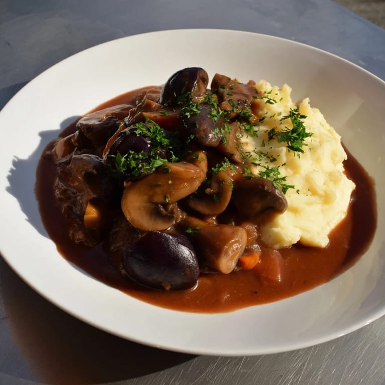 Creamy root vegetable mash topped with flavorful rich mushroom stew, a comforting, gluten-free vegetarian meal.