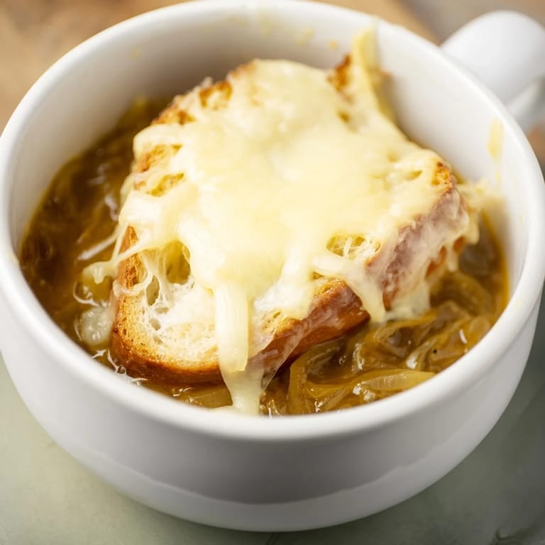 Golden French Onion Soup, with crusty bread and bubbly cheese, offers a comforting, budget-friendly meal.