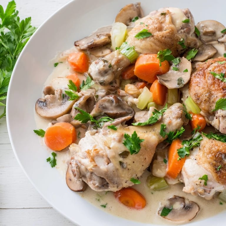 Golden brown chicken pieces simmering in a pot of flavorful Chicken Fricassee with carrots and celery.