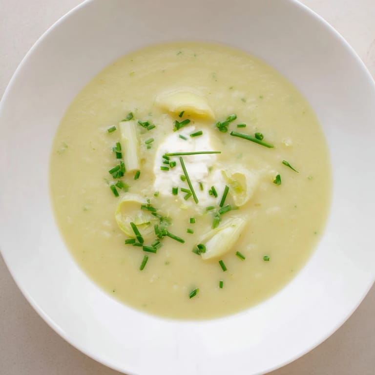 Close-up of a steaming bowl of Grandma's Creamy Leek & Potato Soup, perfect for a cozy dinner.