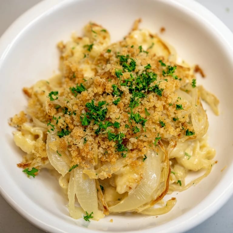Golden-brown crust tops the bubbling One-Pot French Onion Mac and Cheese Bake, a comforting delight.