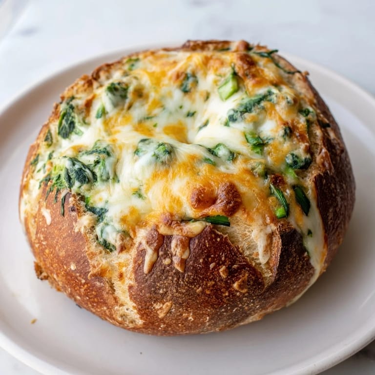 A warm, cheesy view of Viral Hot Cheesy Spinach Dip served in a toasted bread bowl.