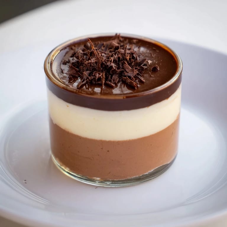 Silky smooth Express Pot de Crème aux Trois Chocolats, showcasing dark, milk, and white chocolate layers.