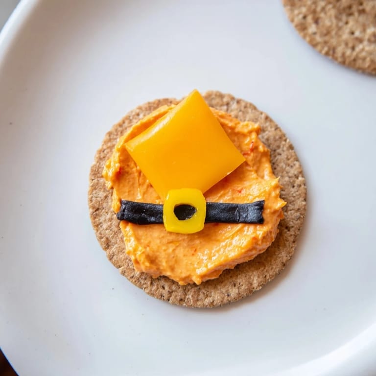 Freshly made Santas Belt Crackers & Dip, the creamy red pepper dip topped with olive belts.