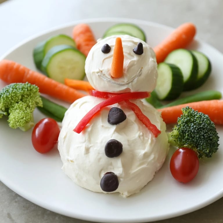 Festive Snowman Veggie Dip Platter arrangement: creamy dip snowman with veggies, ideal for a holiday appetizer.