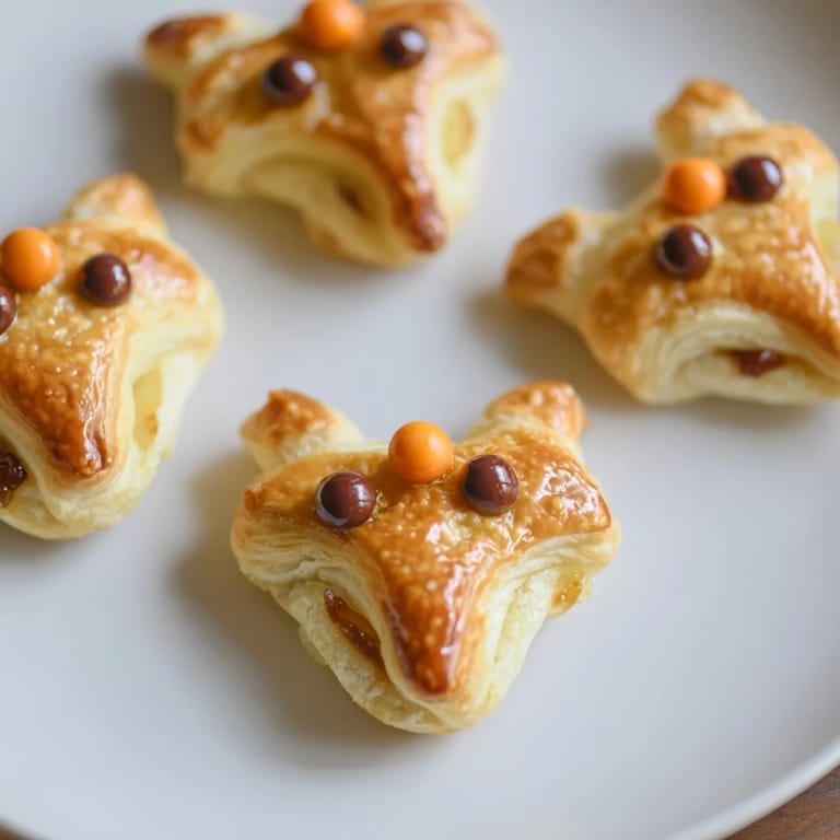 Fluffy puff pastry Autumn Harvest Fox-Shaped Bites, each with chocolate chip eyes and delightful apple-pear filling.