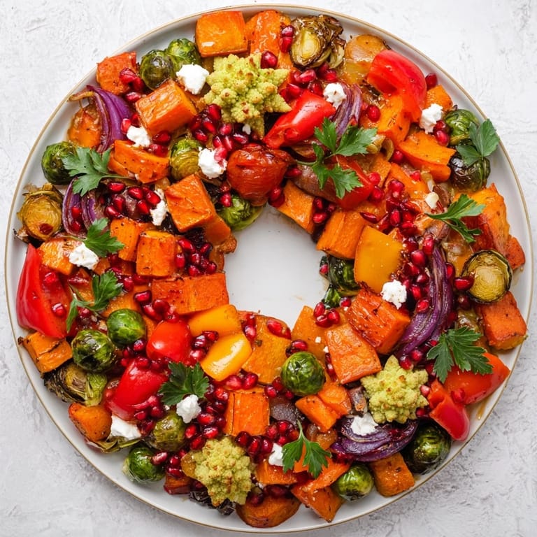 A close-up shot of the stunning Festive Vegetable Christmas Wreath, garnished and ready for serving.