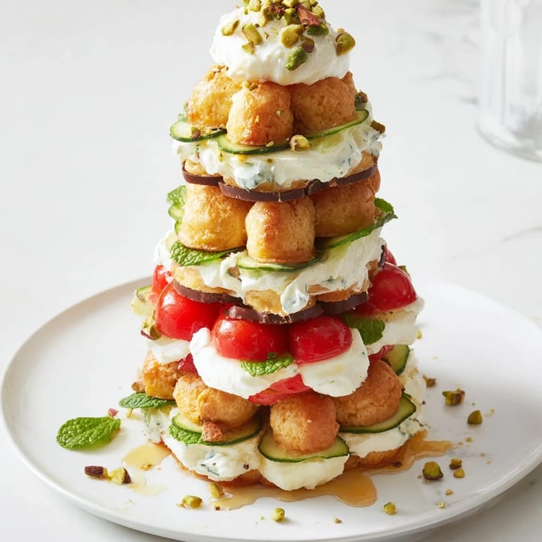 A tower of Tour dÉléphant Goûter Gourmand snacks: sweet brownies and savory gougères layered high.