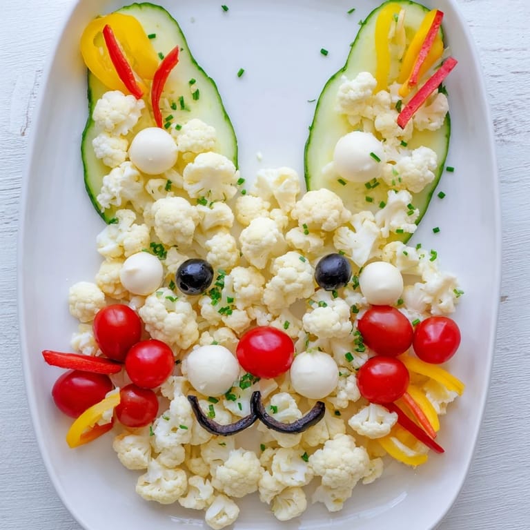 A visually appealing Easter Bunny Spring Platter complete with fresh vegetables and flavorful hummus and dips.