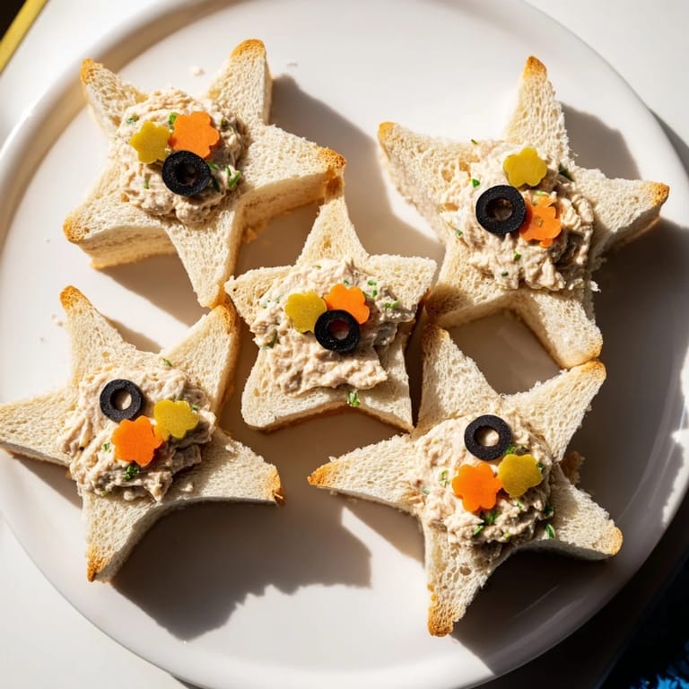 Close-up of the delicious Mini Starfish Sandwiches, showing tuna filling with olive eyes, ready to eat.
